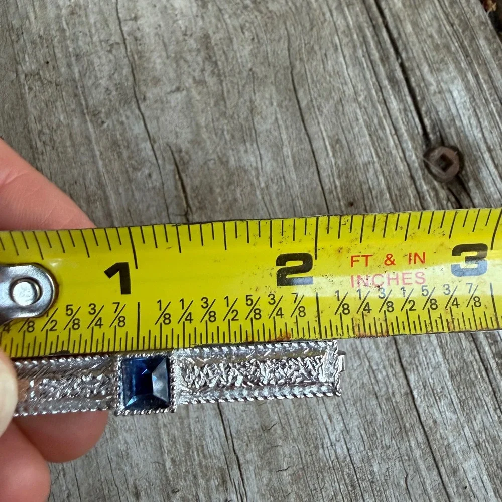 Vintage Silver Tone Bark Textured Tie Clip Blue Emerald Cut Rhinestone